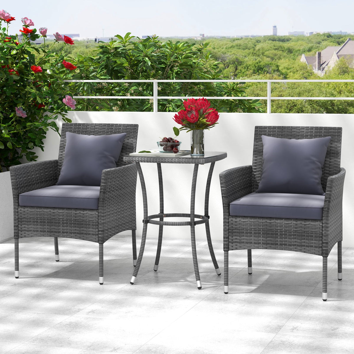 3 Pieces Patio Set with Cushioned Chairs and Glass Coffee Table