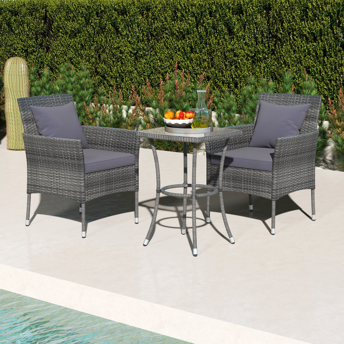 3 Pieces Patio Set with Cushioned Chairs and Glass Coffee Table
