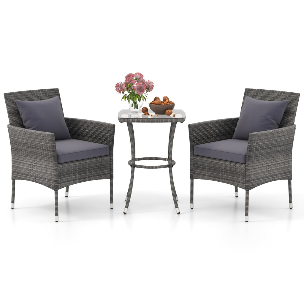 3 Pieces Patio Set with Cushioned Chairs and Glass Coffee Table