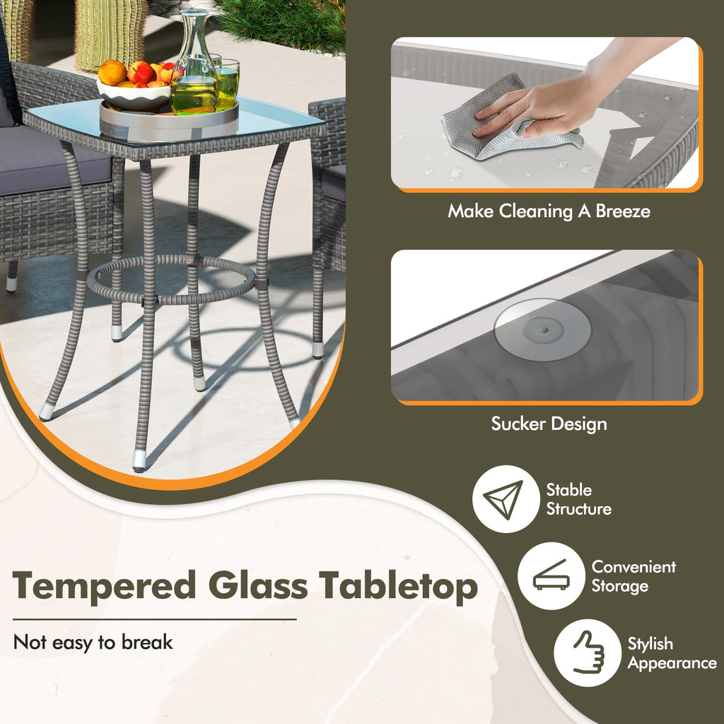 3 Pieces Patio Set with Cushioned Chairs and Glass Coffee Table