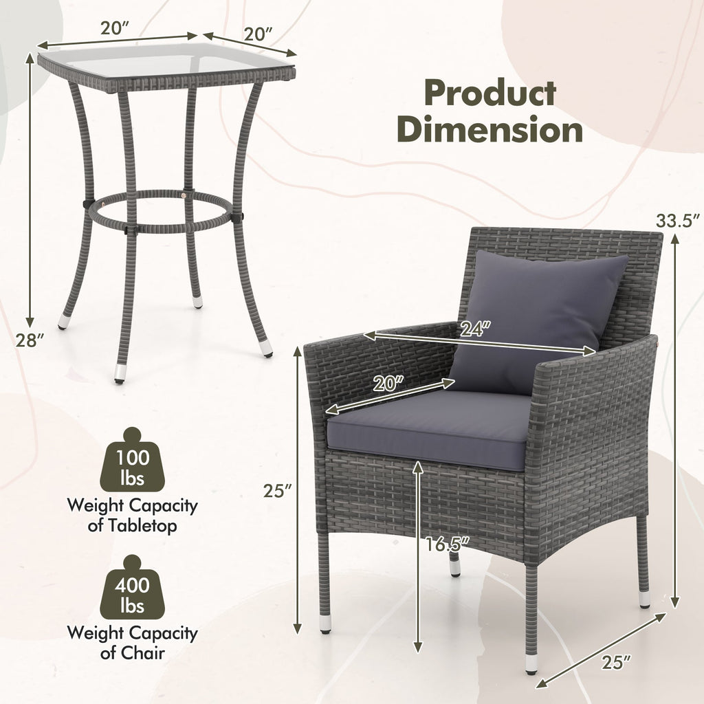3 Pieces Patio Set with Cushioned Chairs and Glass Coffee Table