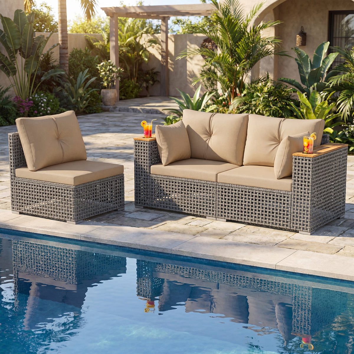 Patio Wicker Sectional Set with 1 Armless and 2 Corner Sofas