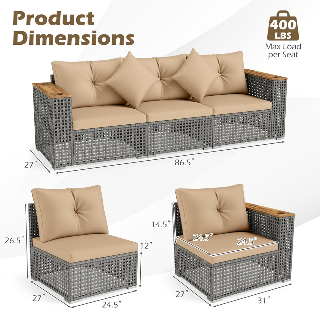 Patio Wicker Sectional Set with 1 Armless and 2 Corner Sofas