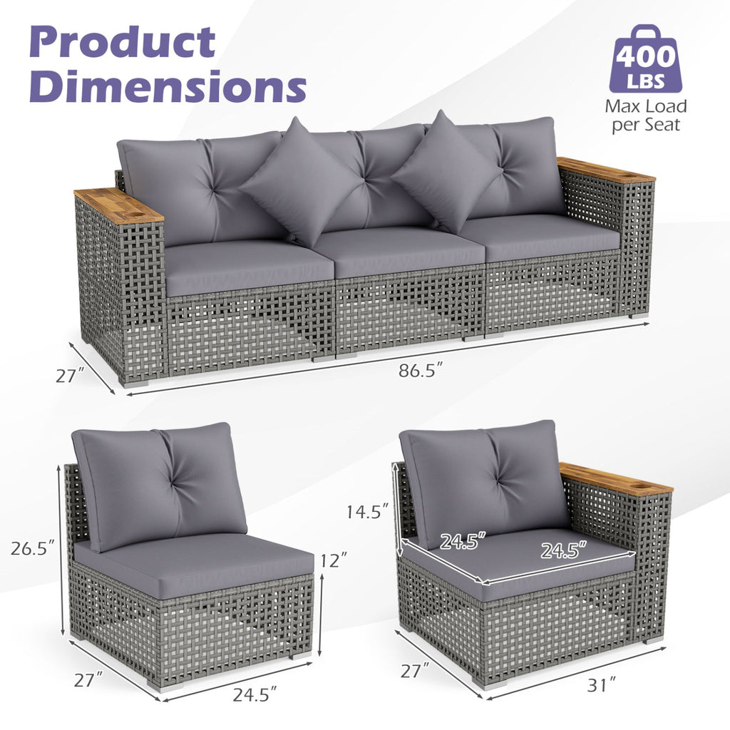 Patio Wicker Sectional Set with 1 Armless and 2 Corner Sofas