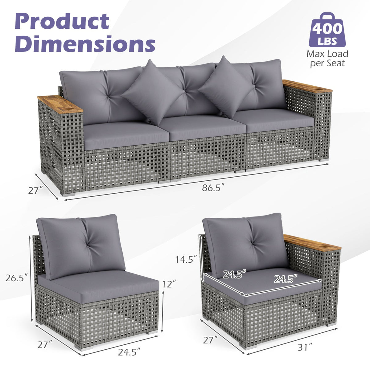 Patio Wicker Sectional Set with 1 Armless and 2 Corner Sofas