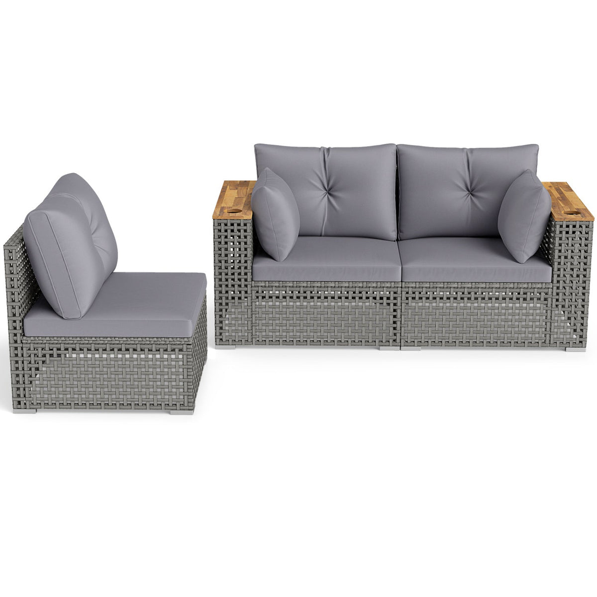 Patio Wicker Sectional Set with 1 Armless and 2 Corner Sofas