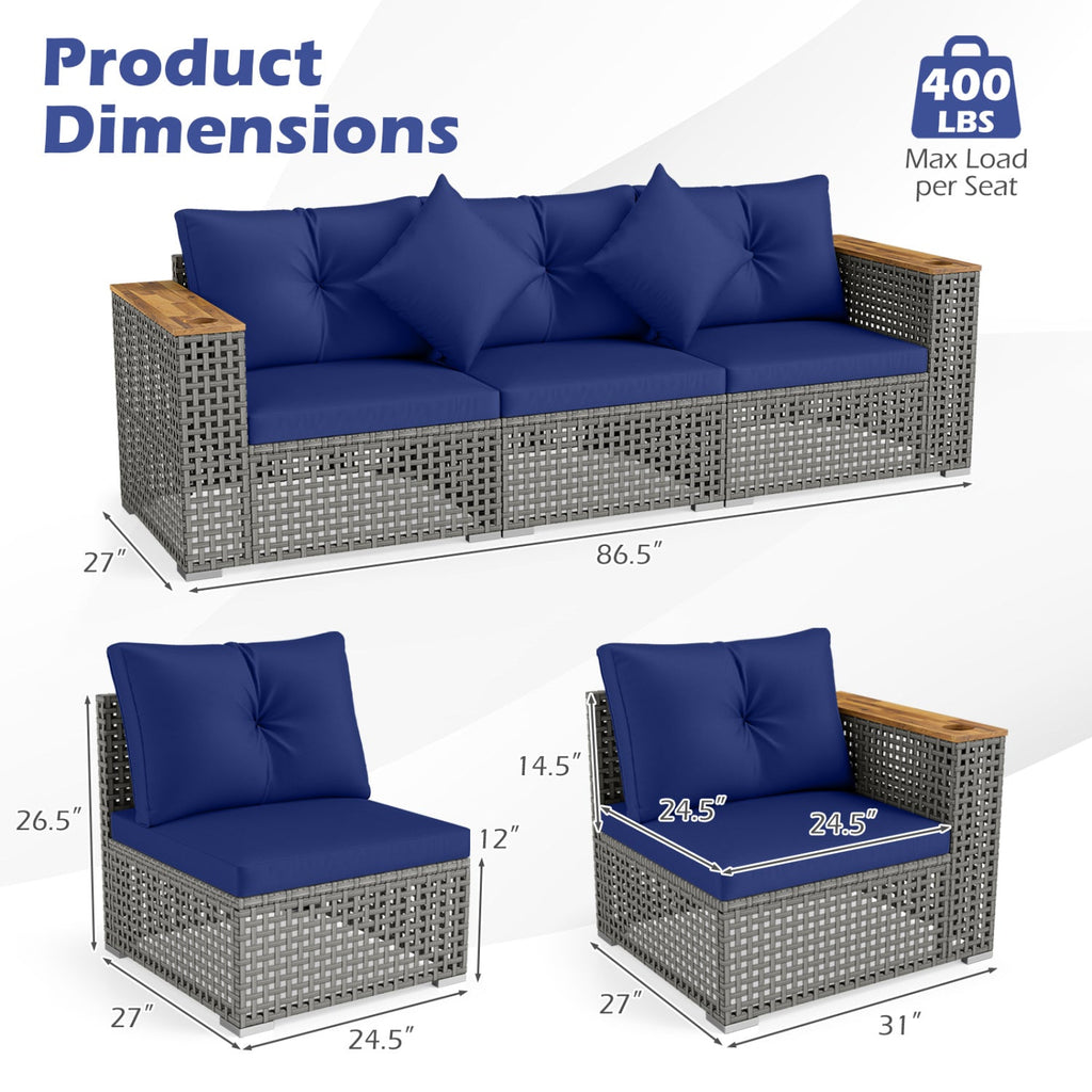 Patio Wicker Sectional Set with 1 Armless and 2 Corner Sofas