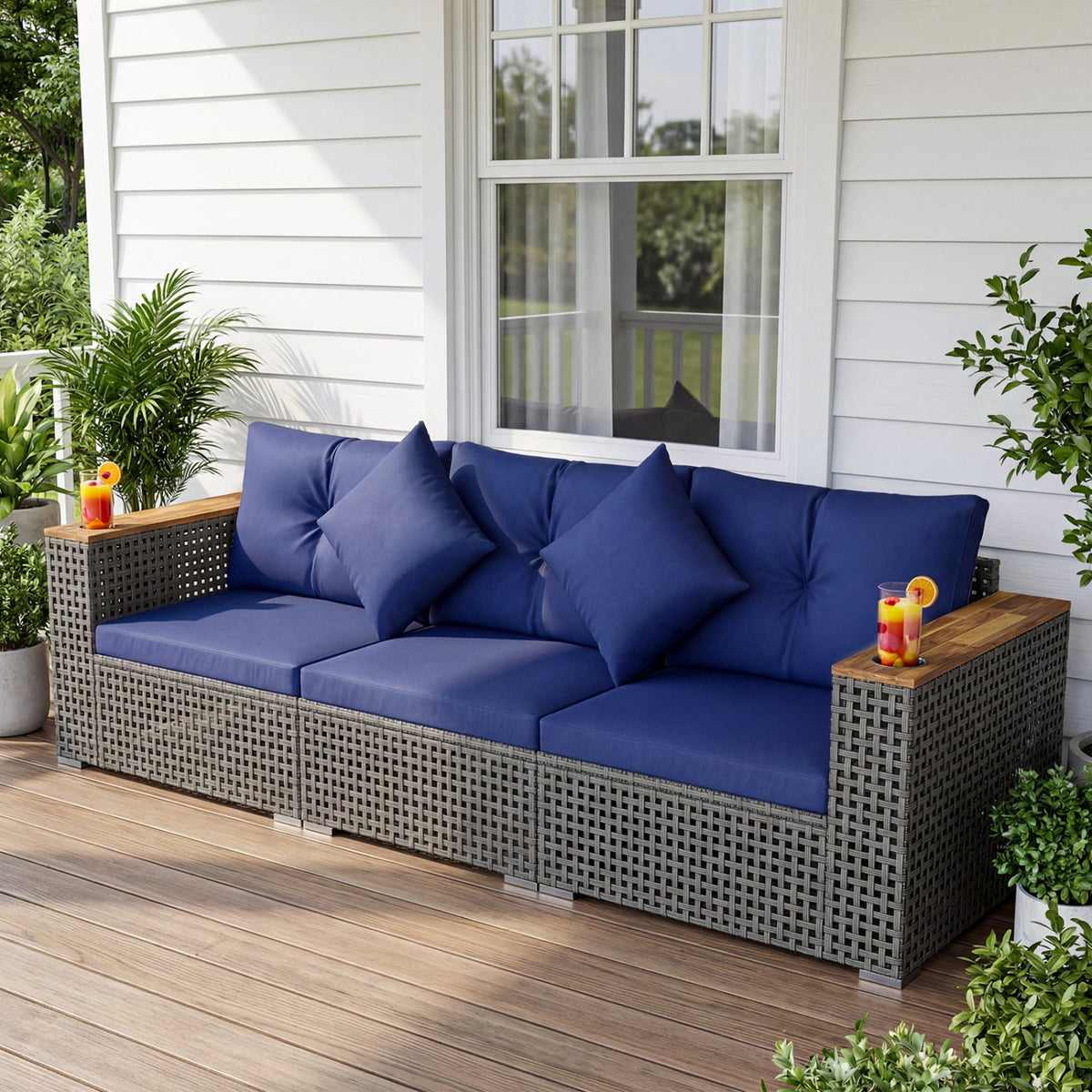 Patio Wicker Sectional Set with 1 Armless and 2 Corner Sofas
