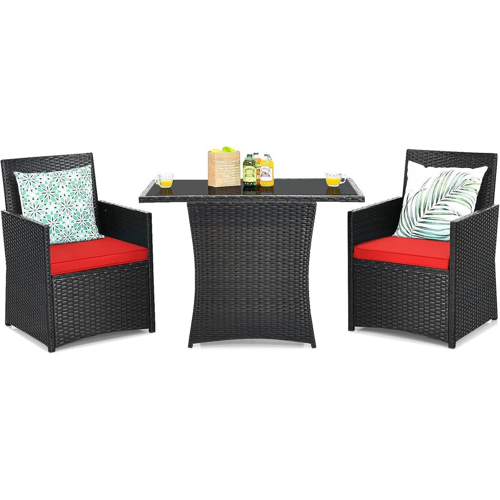 3-Piece Patio Dining Set in Brown PE Rattan with Red Cushions