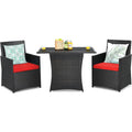 3-Piece Patio Dining Set in Brown PE Rattan with Red Cushions