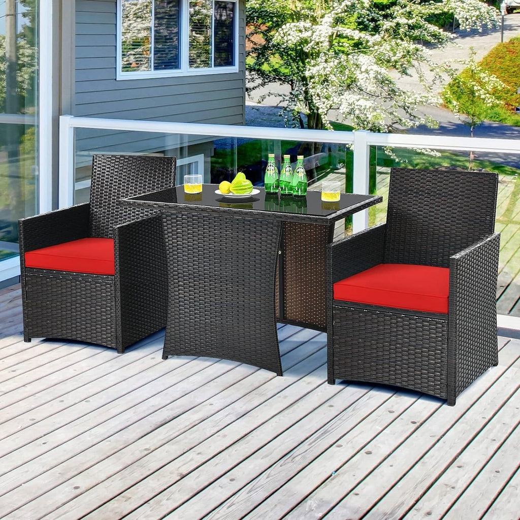 3-Piece Patio Dining Set in Brown PE Rattan with Red Cushions