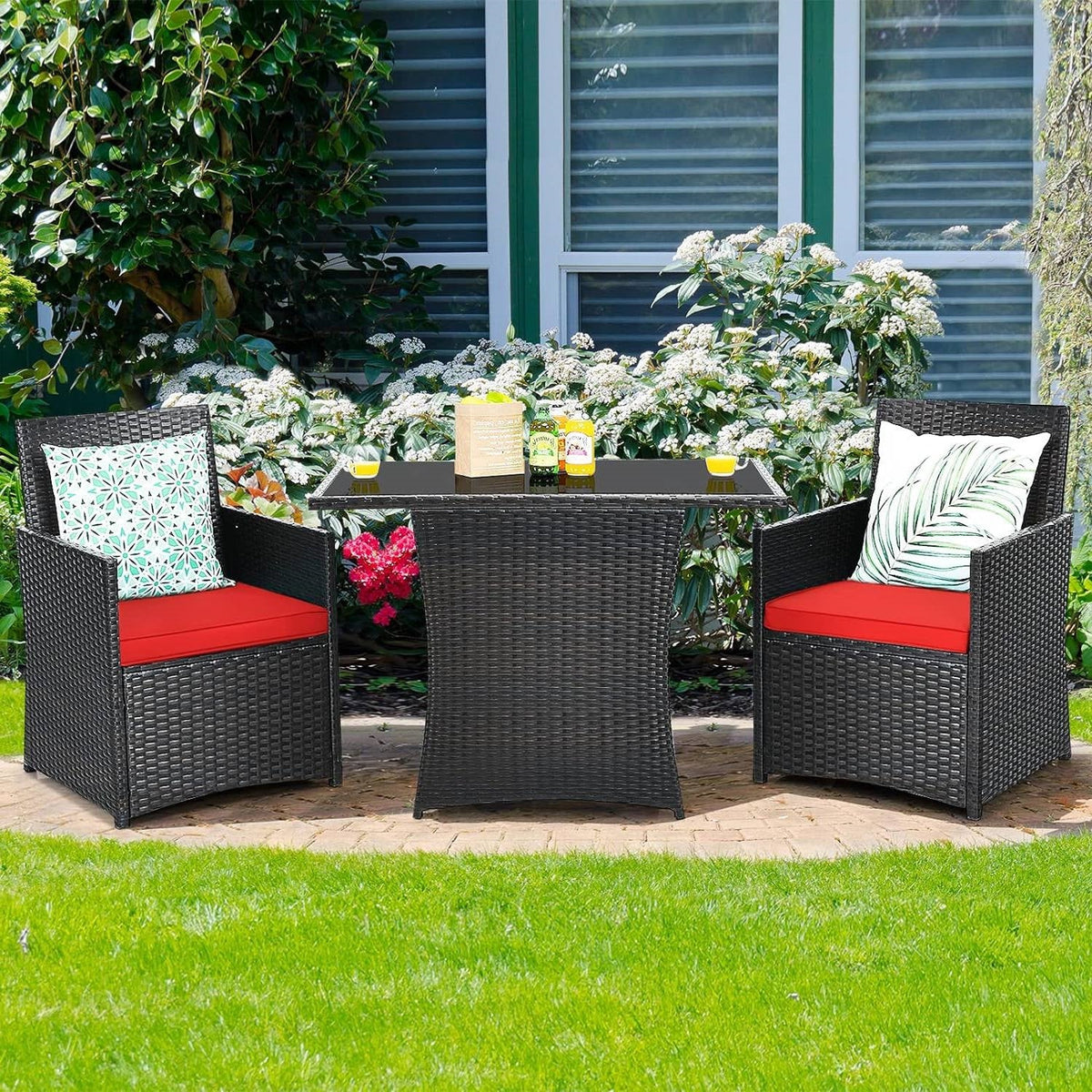 3-Piece Patio Dining Set in Brown PE Rattan with Red Cushions