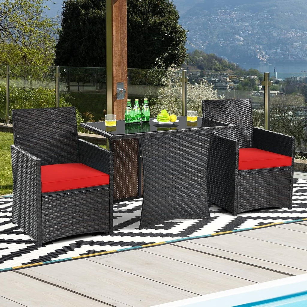 3-Piece Patio Dining Set in Brown PE Rattan with Red Cushions