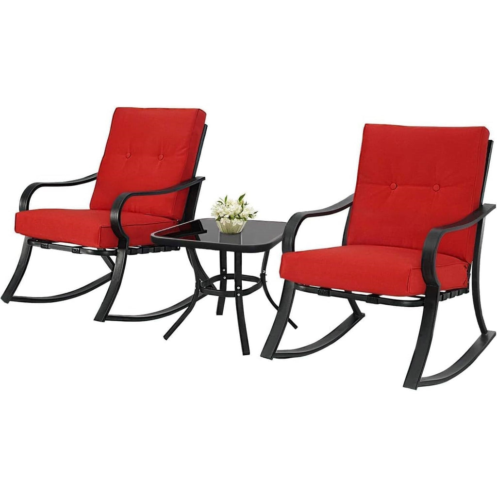 3-Piece Patio Rocking Chairs Table Set with Red Cushions