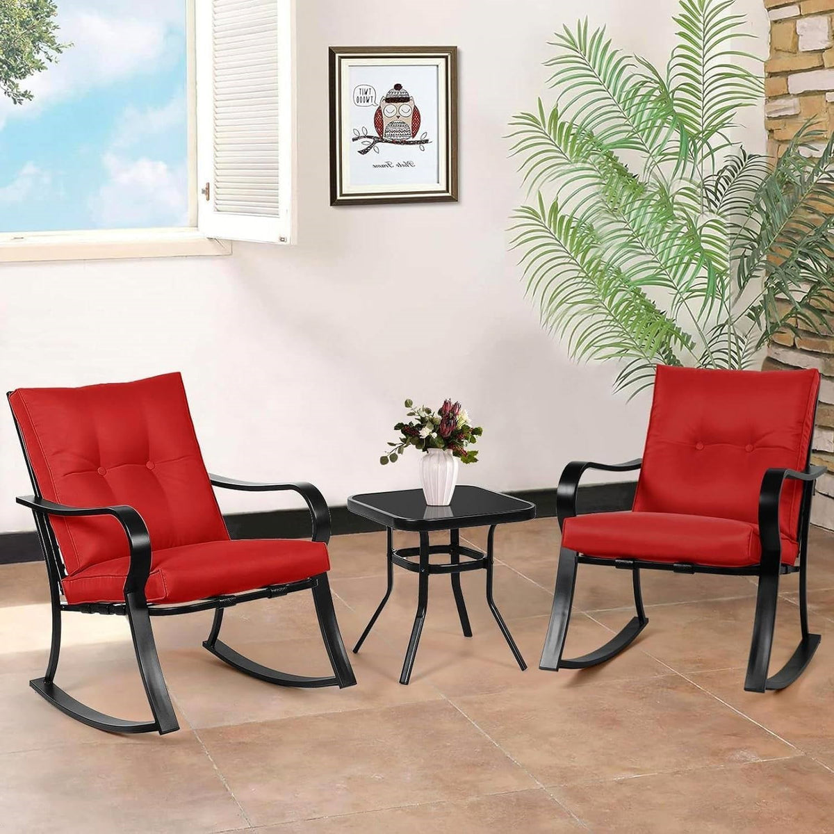 3-Piece Patio Rocking Chairs Table Set with Red Cushions