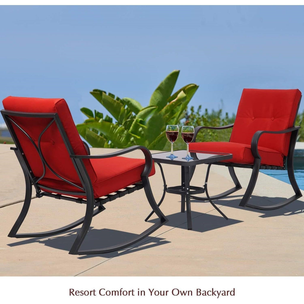 3-Piece Patio Rocking Chairs Table Set with Red Cushions
