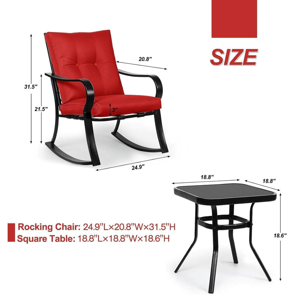 3-Piece Patio Rocking Chairs Table Set with Red Cushions