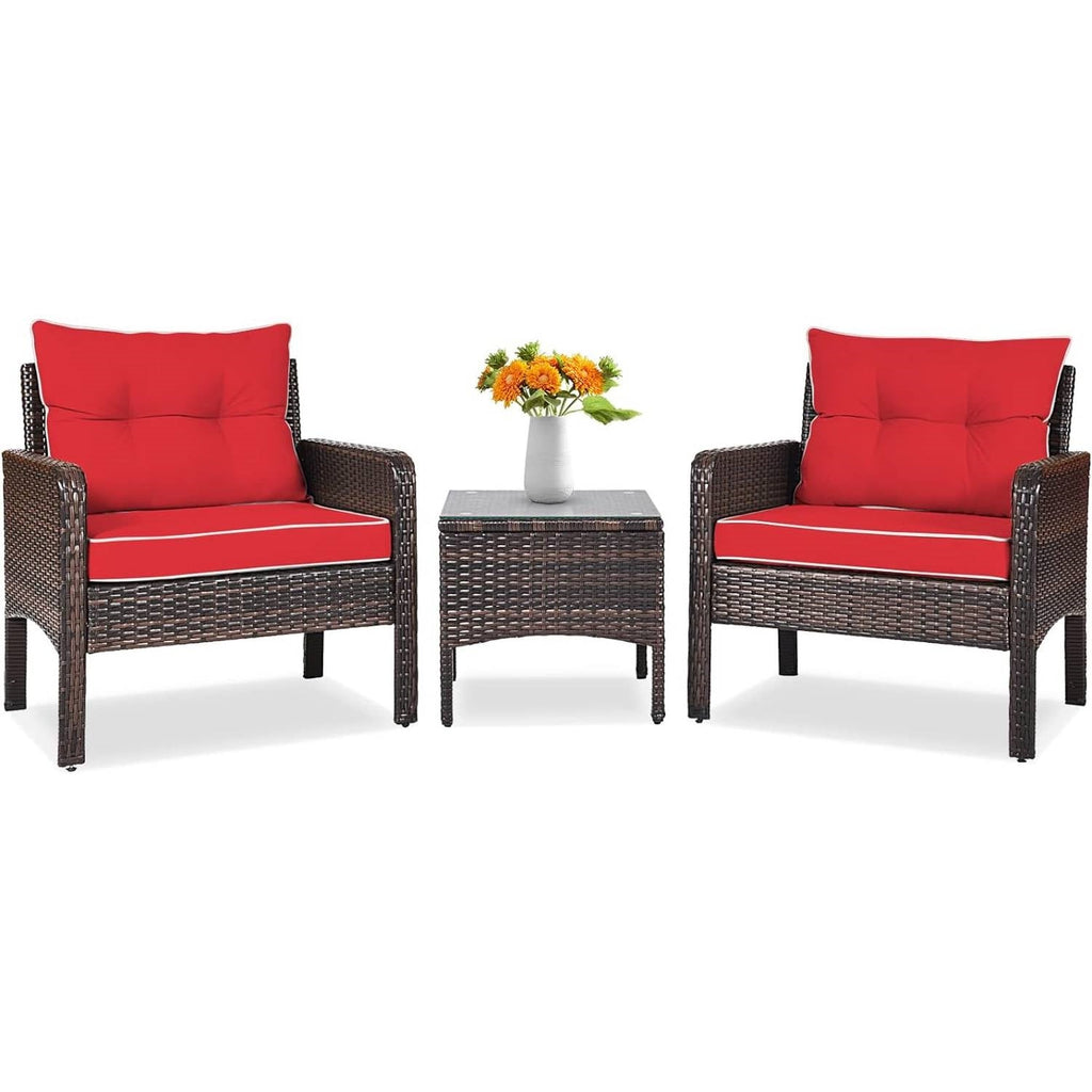 3-Piece Brown Rattan Dining Patio Furniture Set with Red Cushions