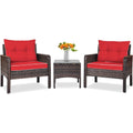 3-Piece Brown Rattan Dining Patio Furniture Set with Red Cushions