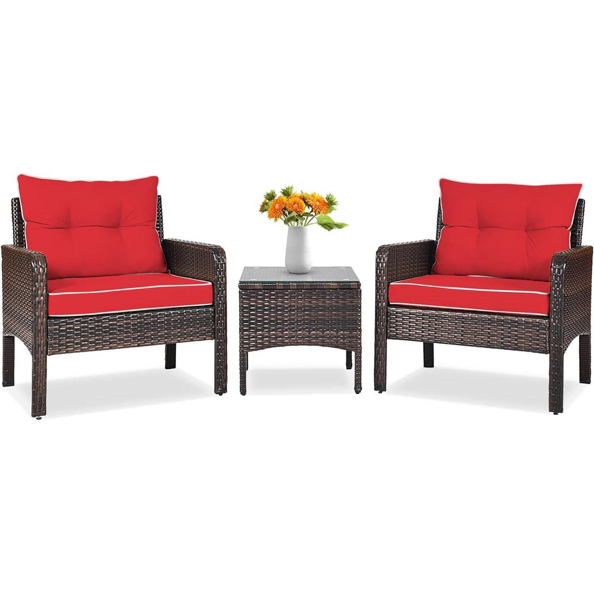 3-Piece Brown Rattan Dining Patio Furniture Set with Red Cushions