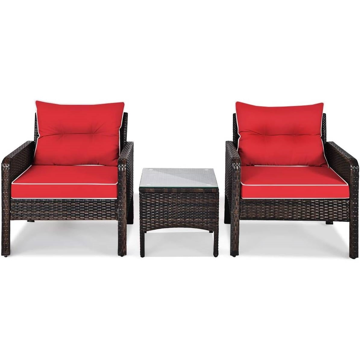 3-Piece Brown Rattan Dining Patio Furniture Set with Red Cushions