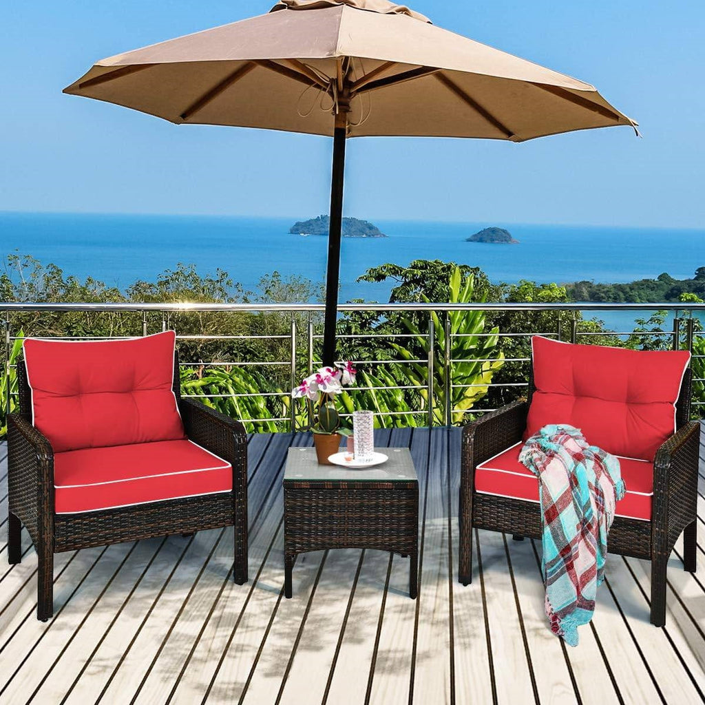 3-Piece Brown Rattan Dining Patio Furniture Set with Red Cushions