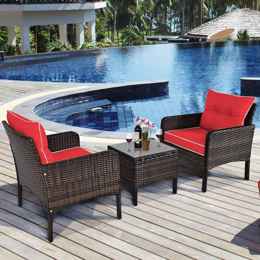 3-Piece Brown Rattan Dining Patio Furniture Set with Red Cushions