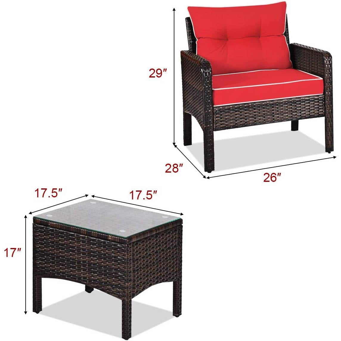 3-Piece Brown Rattan Dining Patio Furniture Set with Red Cushions