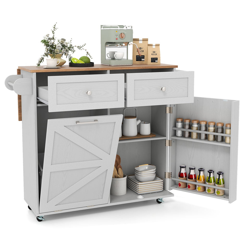Rolling Kitchen Island with Trash Can Cabinet, Rubber Universal Wheels