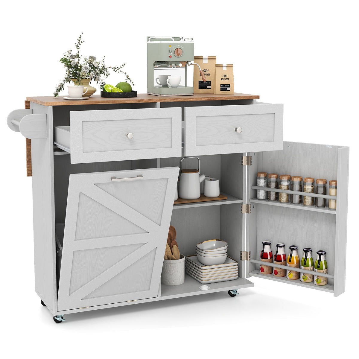 Rolling Kitchen Island with Trash Can Cabinet, Rubber Universal Wheels