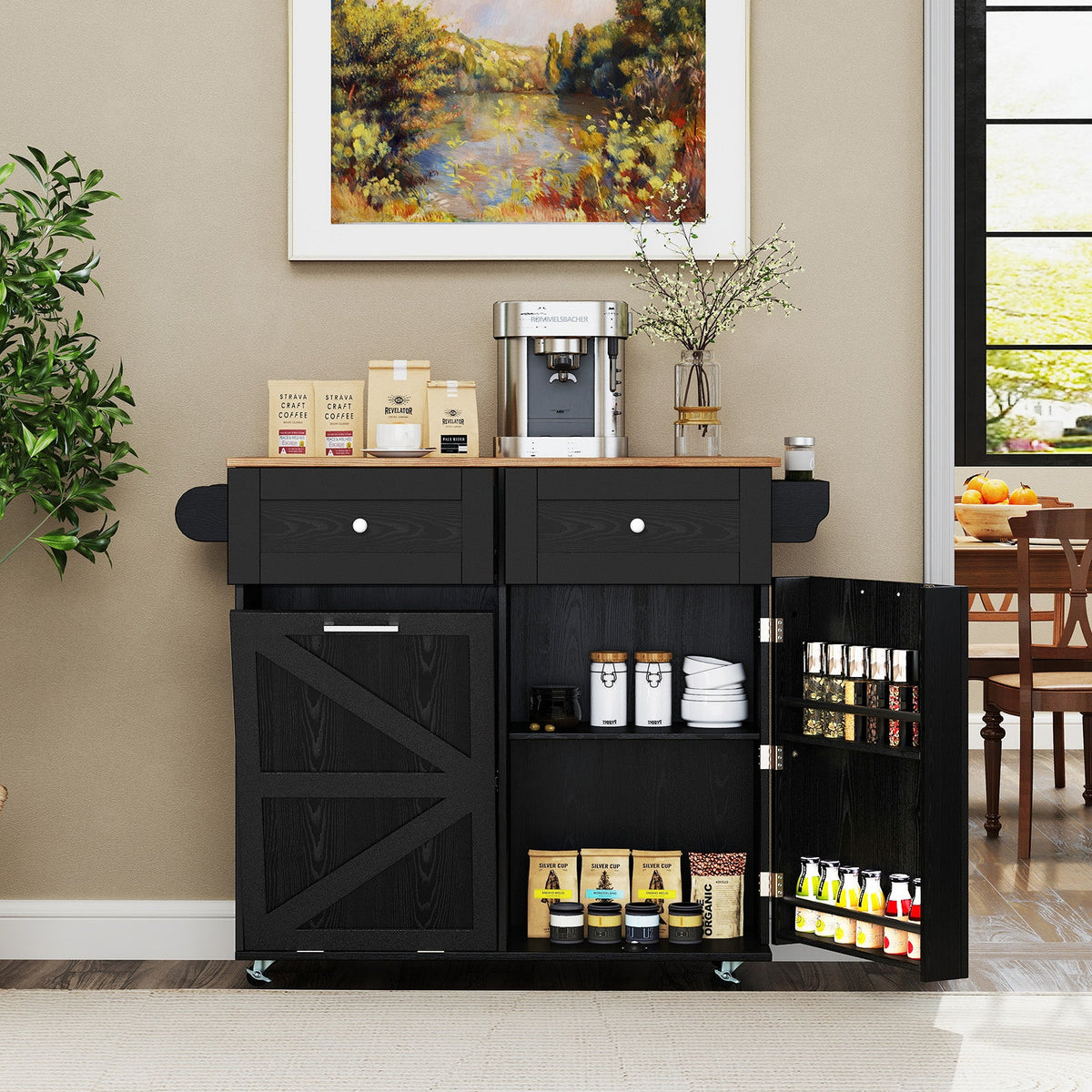 Rolling Kitchen Island with Trash Can Cabinet, Rubber Universal Wheels
