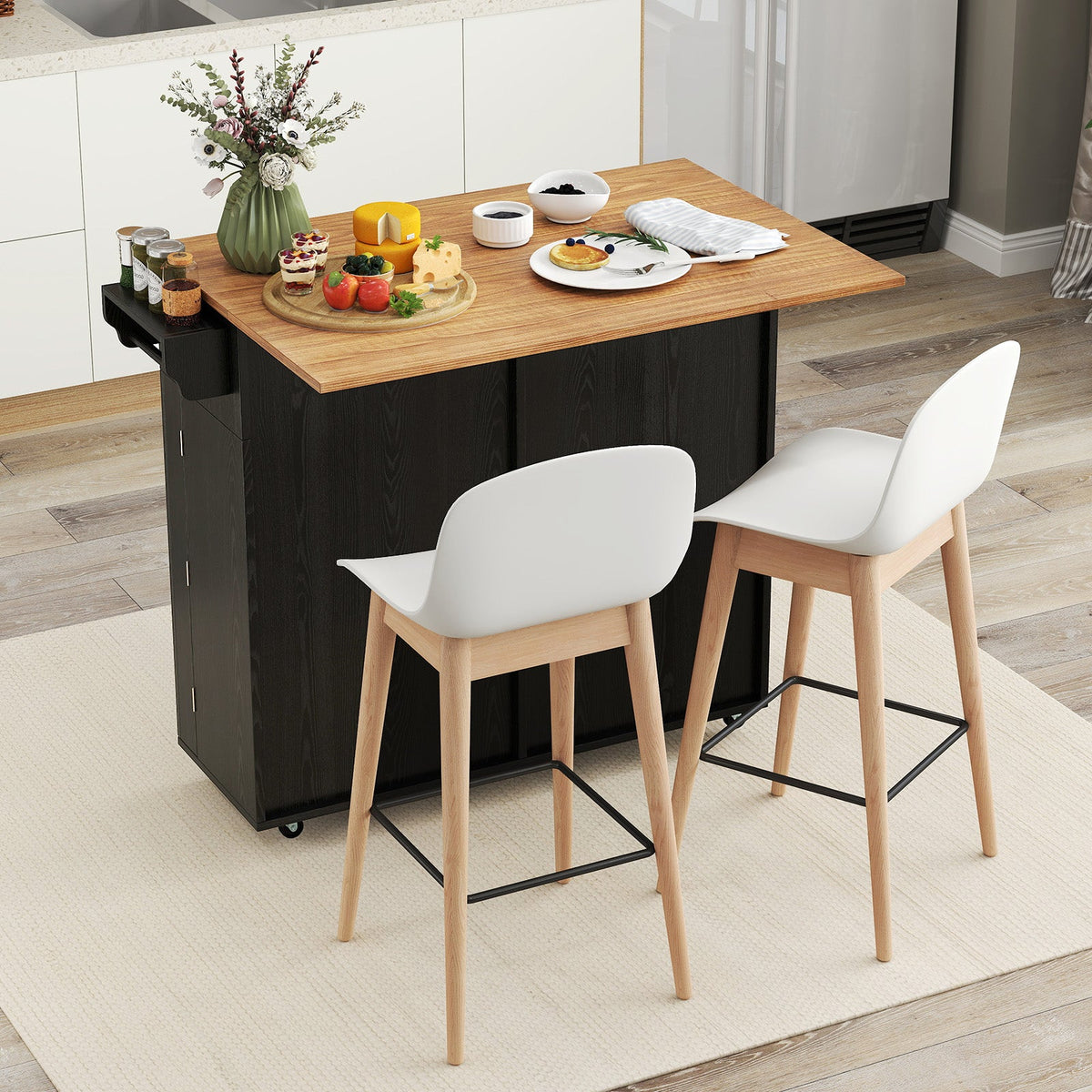 Rolling Kitchen Island with Trash Can Cabinet, Rubber Universal Wheels