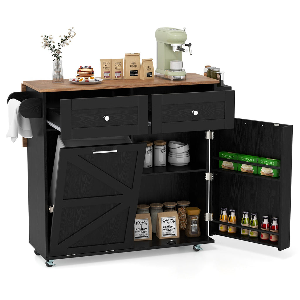 Rolling Kitchen Island with Trash Can Cabinet, Rubber Universal Wheels