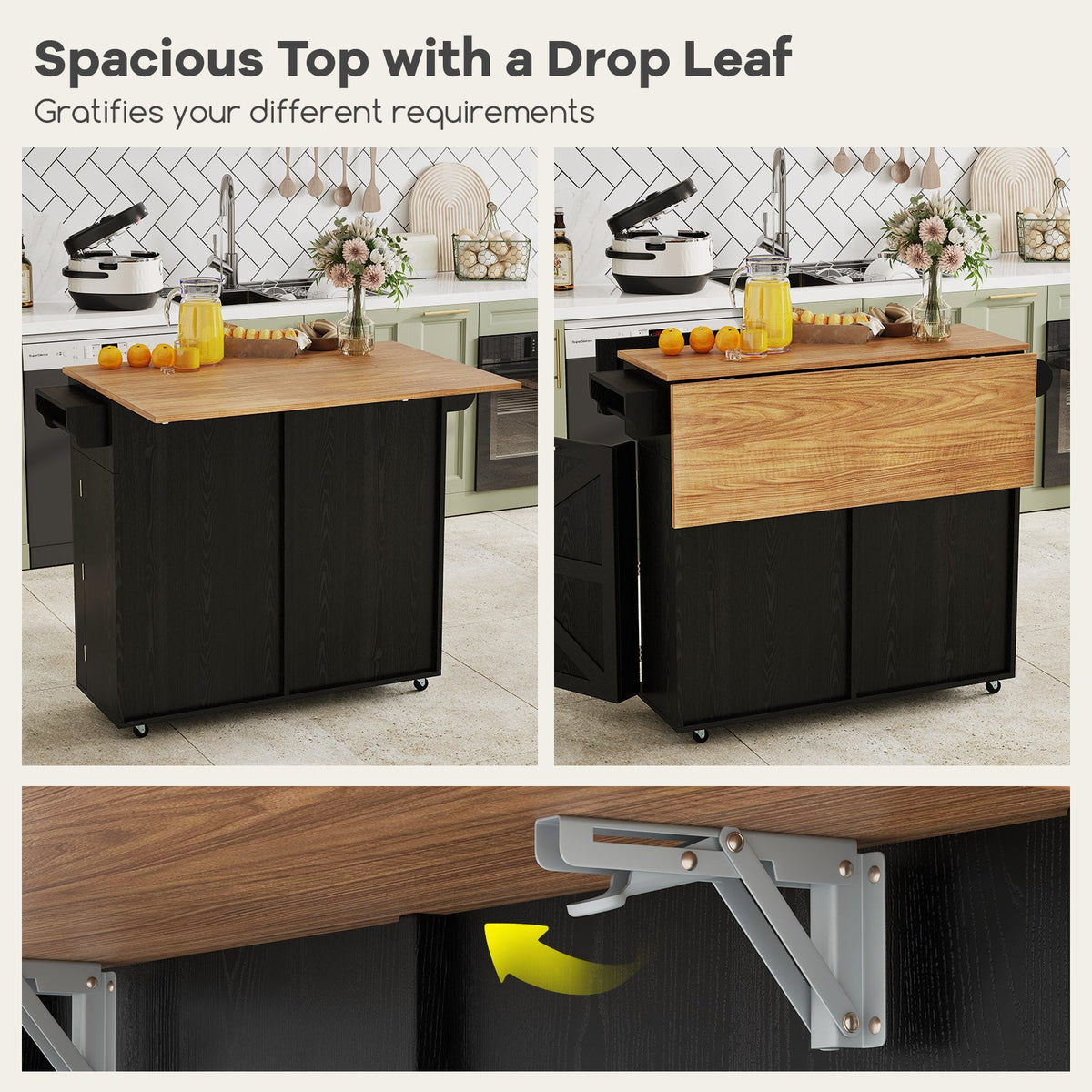 Rolling Kitchen Island with Trash Can Cabinet, Rubber Universal Wheels