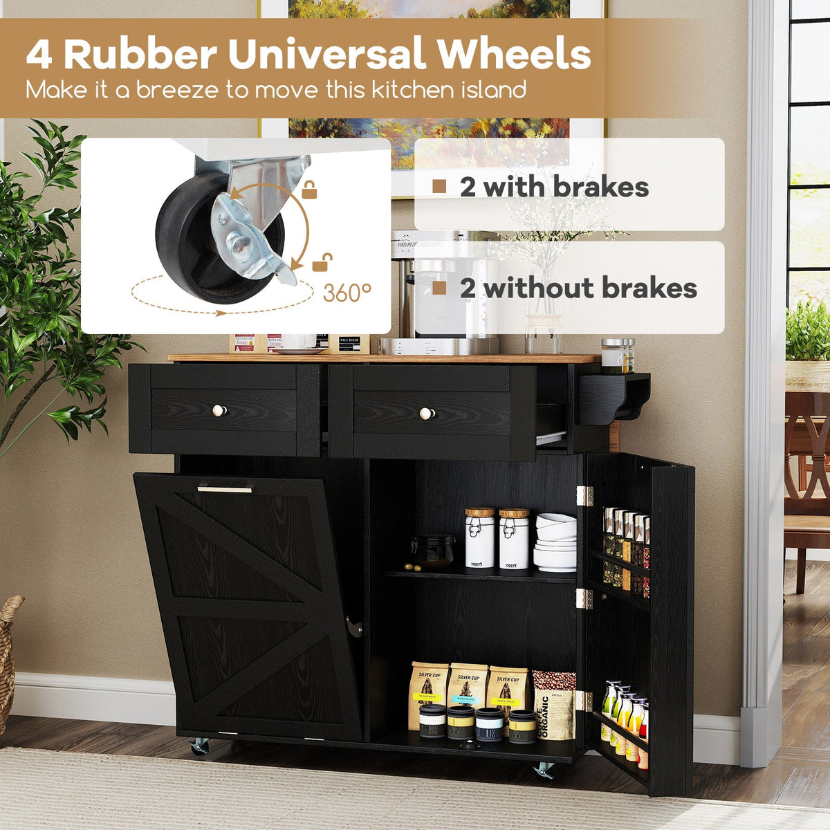 Rolling Kitchen Island with Trash Can Cabinet, Rubber Universal Wheels