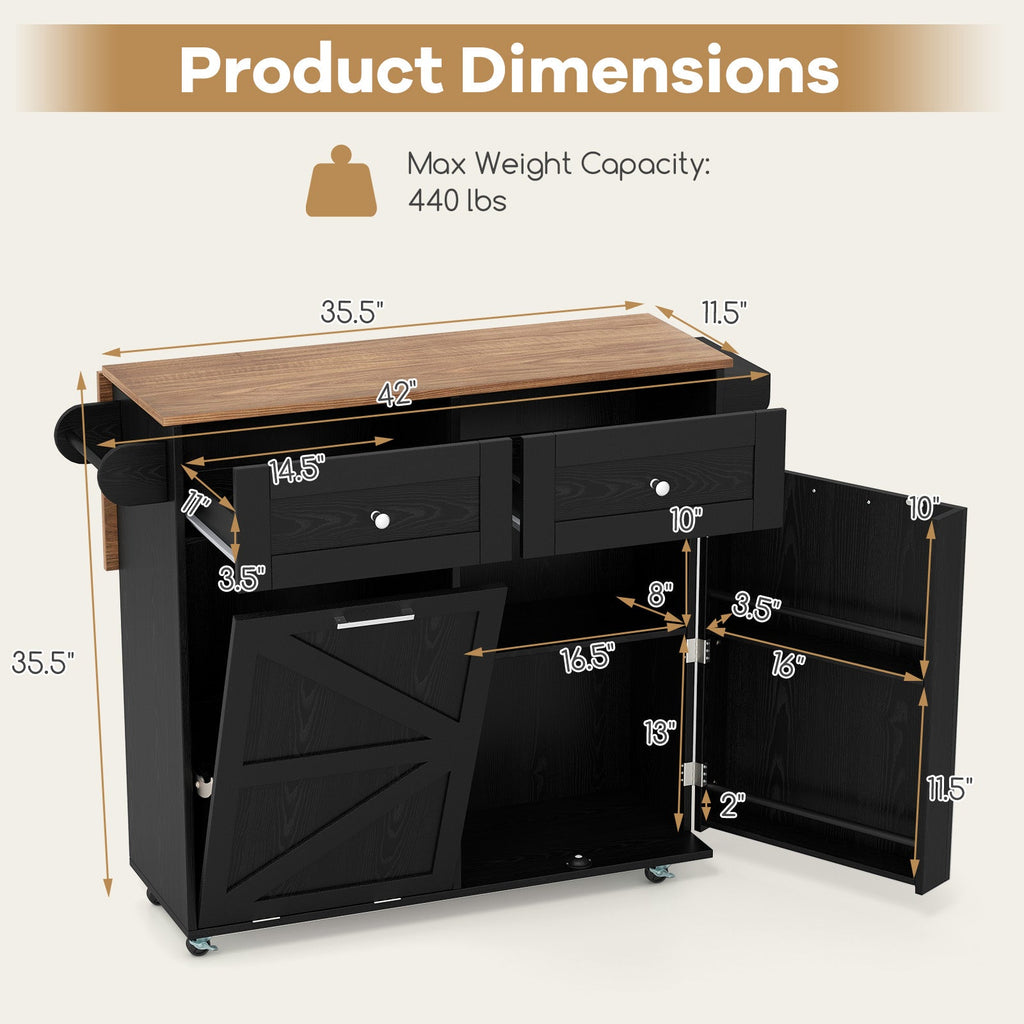 Rolling Kitchen Island with Trash Can Cabinet, Rubber Universal Wheels
