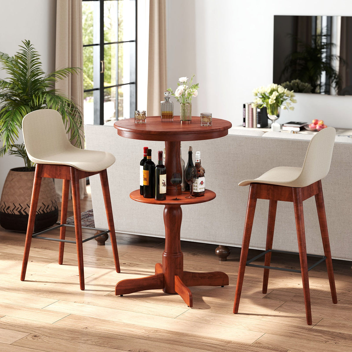 2-Tier Round High Top Bar Table with Storage Shelf and Pedestal Base