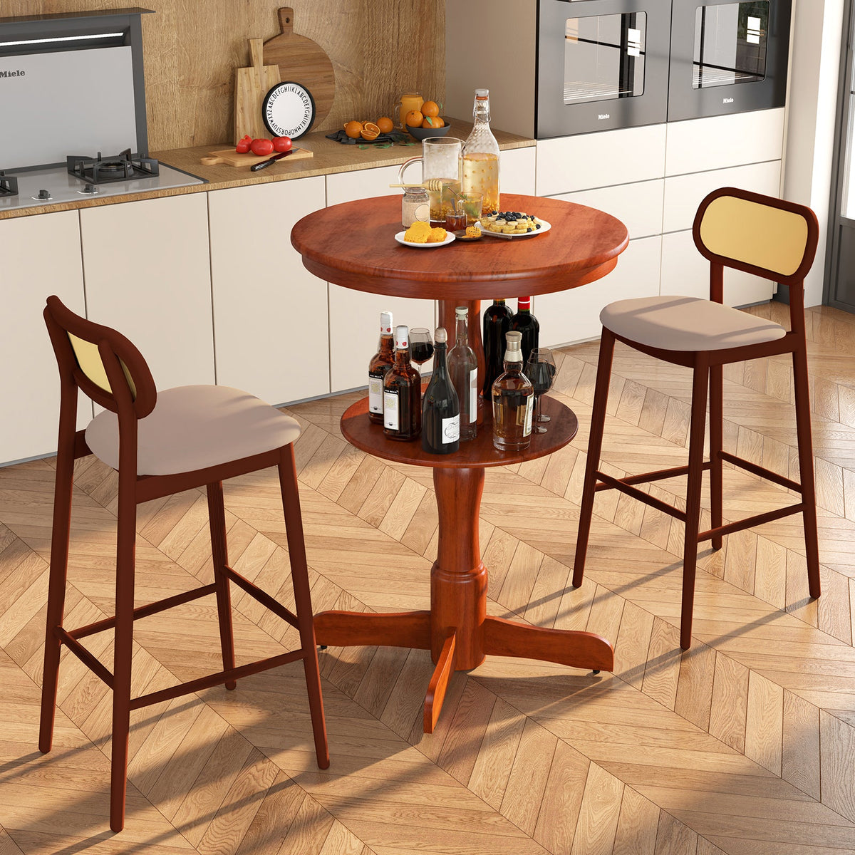 2-Tier Round High Top Bar Table with Storage Shelf and Pedestal Base