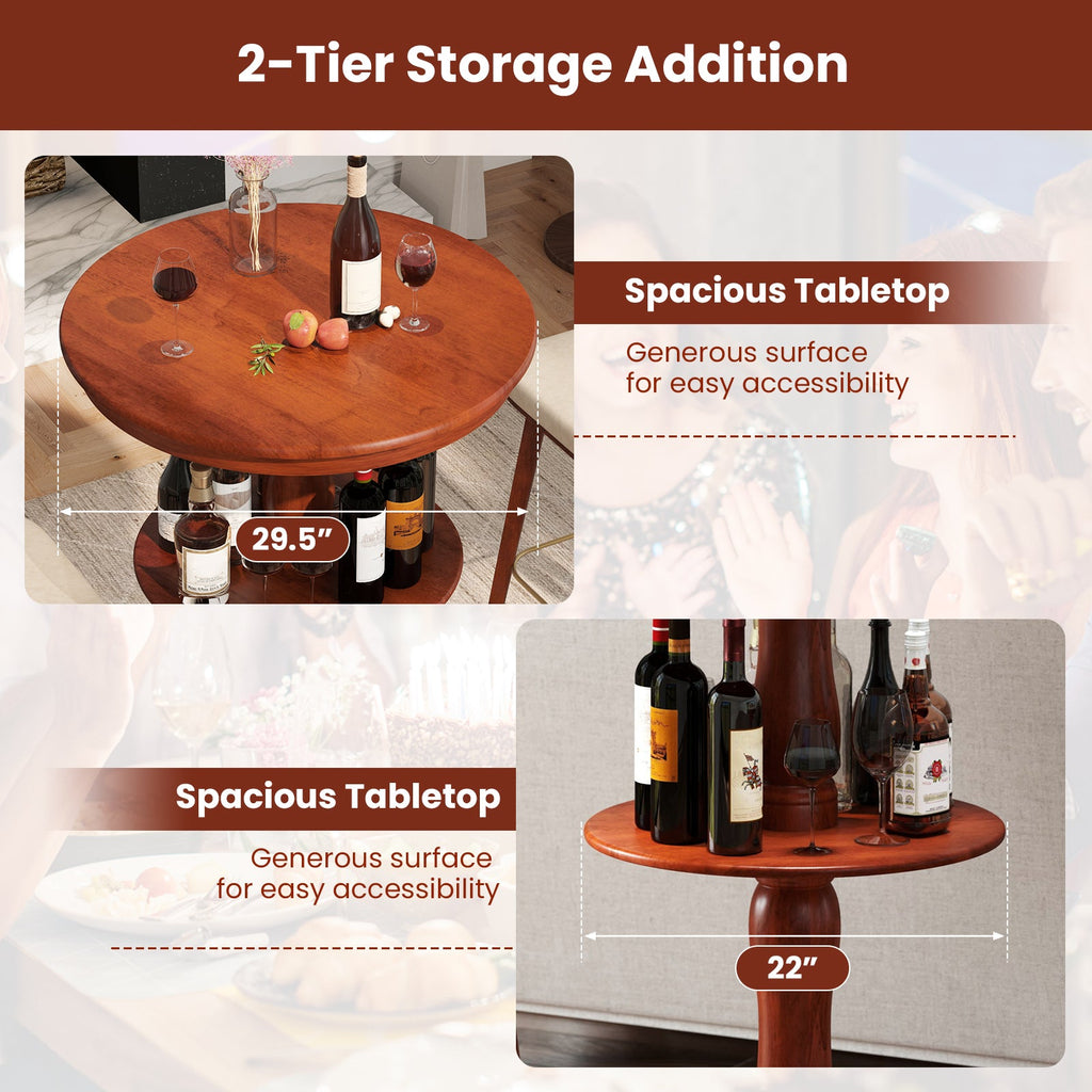 2-Tier Round High Top Bar Table with Storage Shelf and Pedestal Base