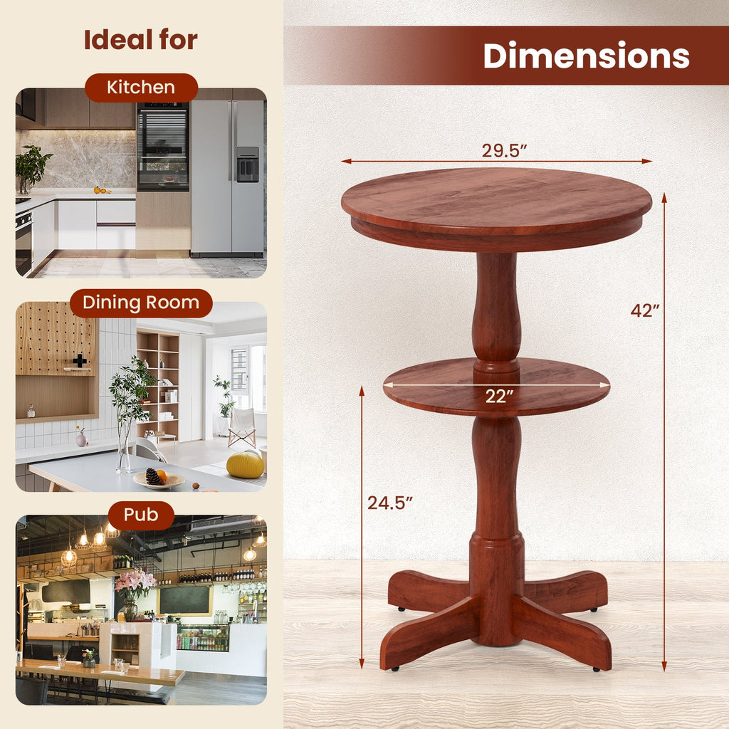 2-Tier Round High Top Bar Table with Storage Shelf and Pedestal Base