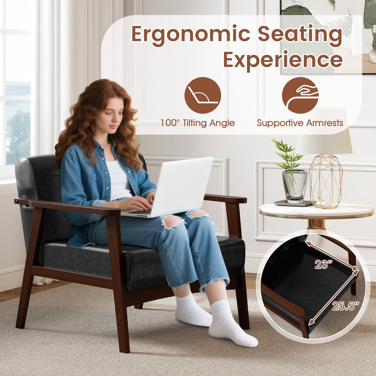 Rubber Wood Frame Accent Chair with Armrest