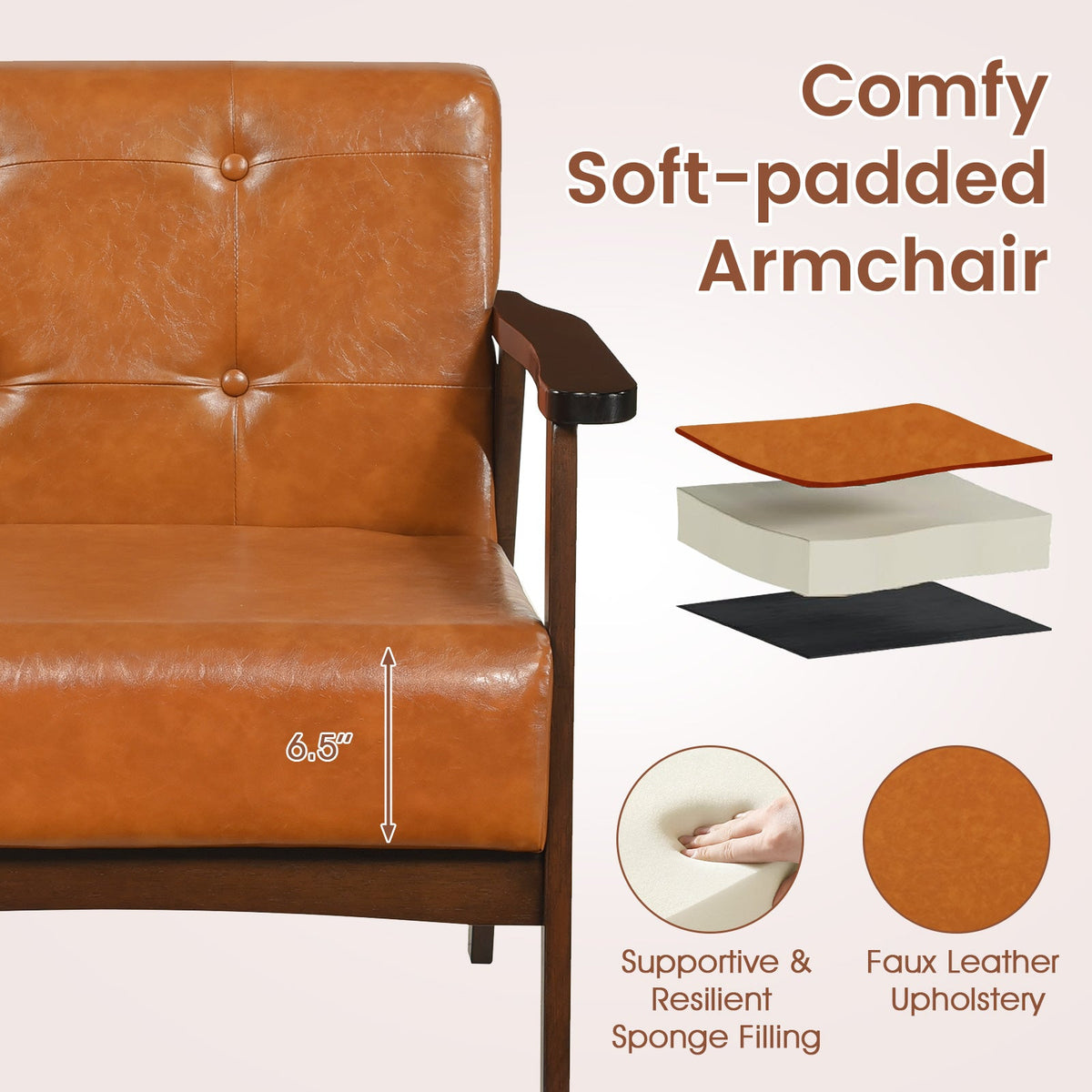 Rubber Wood Frame Accent Chair with Armrest