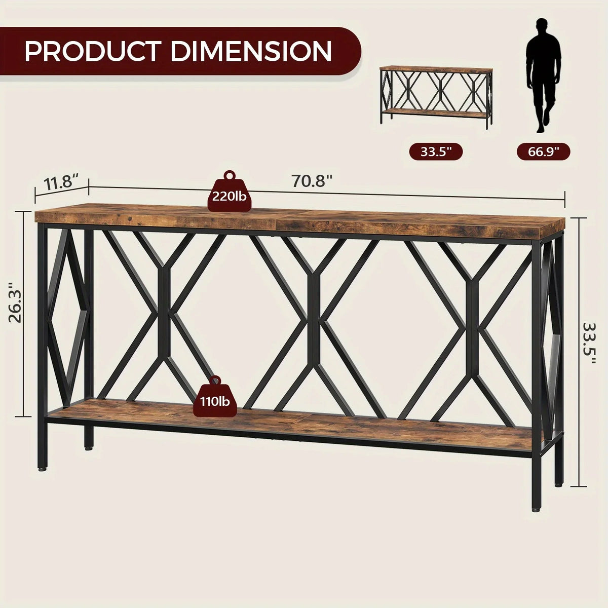 Rustic Brown And Black 70.9'' Extra Long Console Table