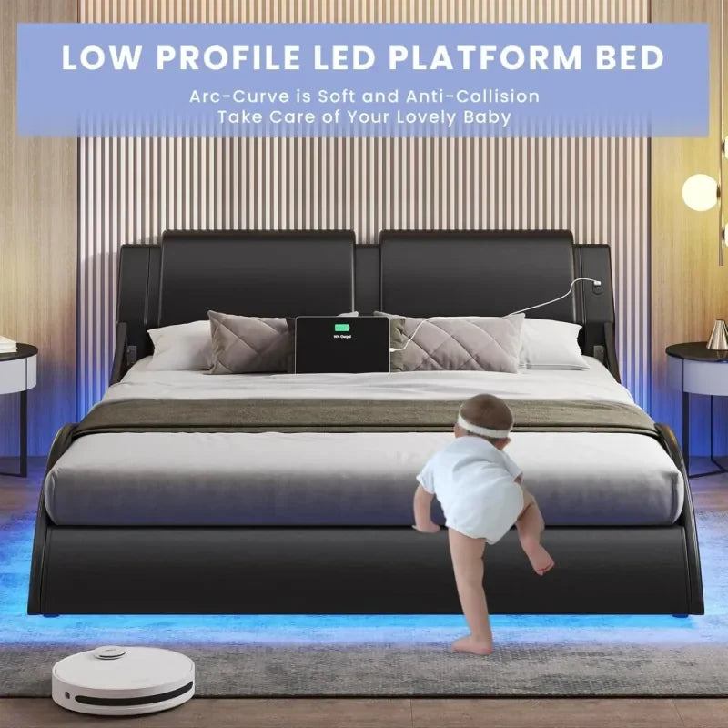 Queen Bed Frame with LED Lights and Charging Port for Imitation Leather Interior Bed