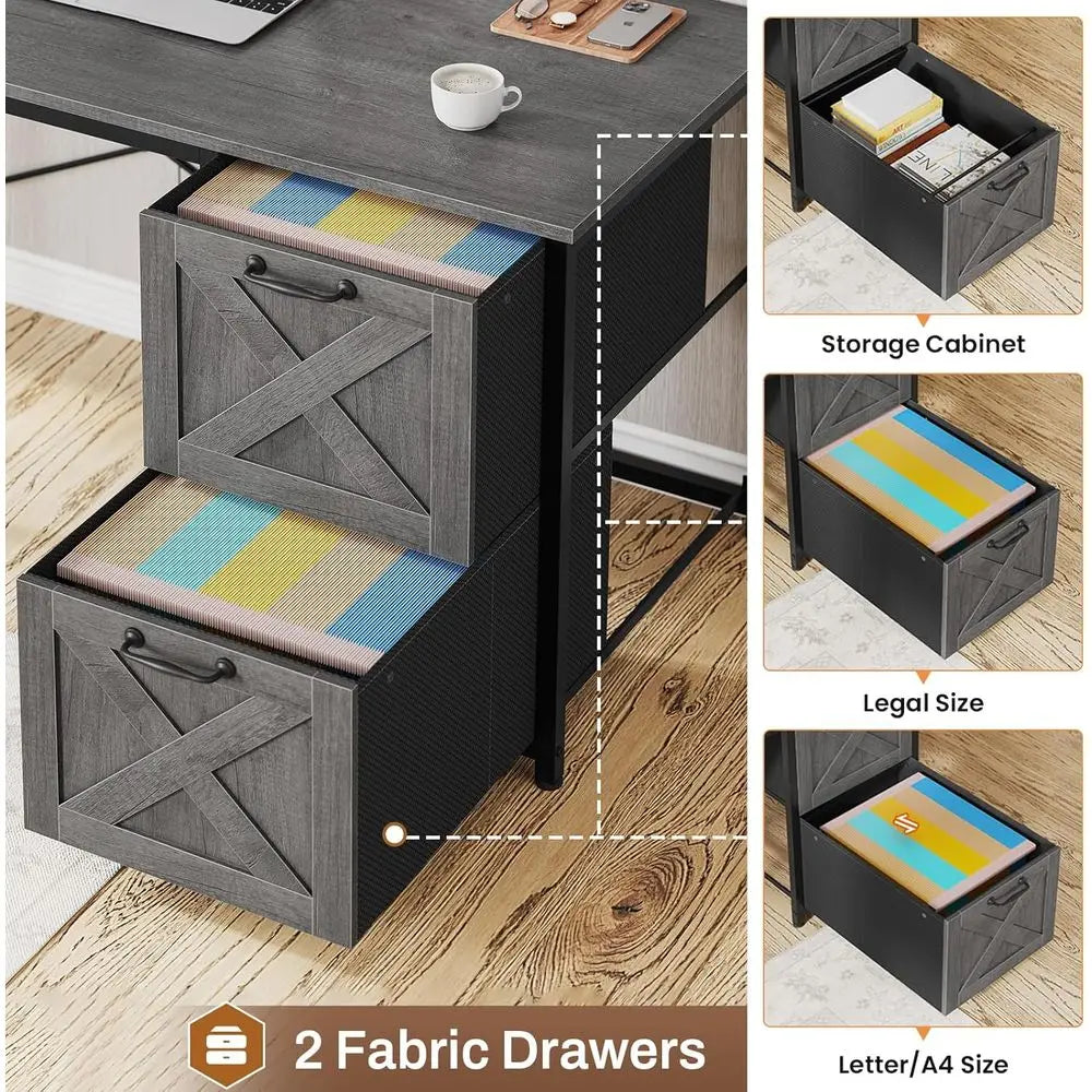 Grey L-Shaped Gaming Desk with Fabric Drawers, Power Outlet, LED Lights, Hutch