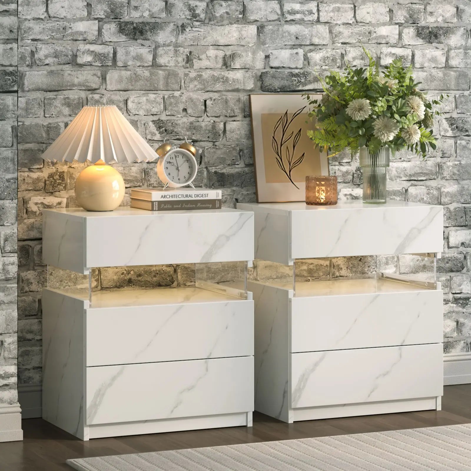 Bedside Tables with LED Lighting 3 Drawers