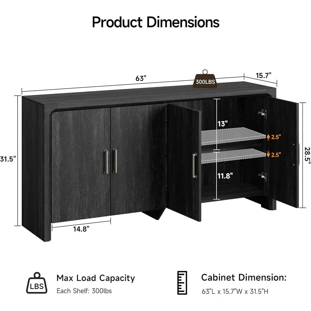 63 Contemporary Wood Sideboard with Adjustable Shelves, 4 Doors, Suitable for Coffee Bar, Kitchen, Living Room, Hallway, Black