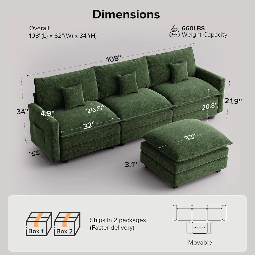 108 Inch Cloud Couch Sectional, Modular Sectional Sofa with Ottoman, Green