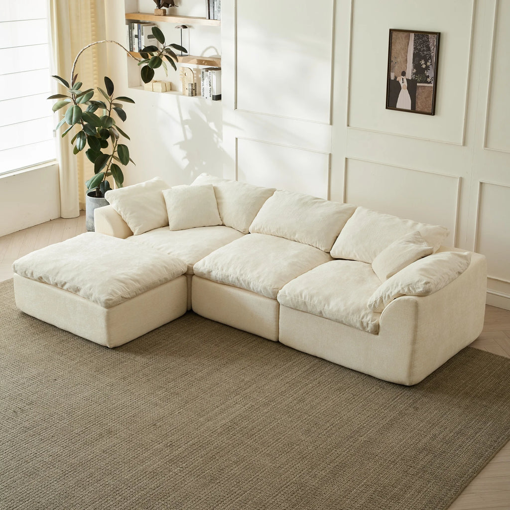 Modern Cloud L-Shaped 3-Seater Oversized Deep Seat Chenille Fabric Sofa with Ottoman