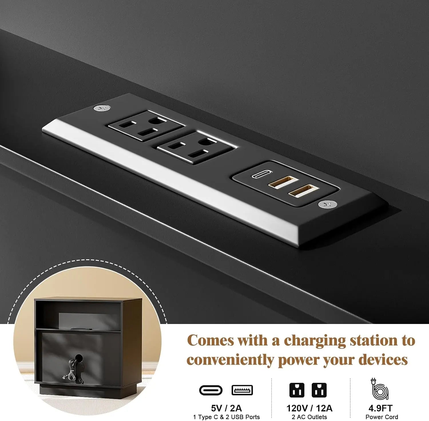 3 Drawer Nightstand with Charging Station